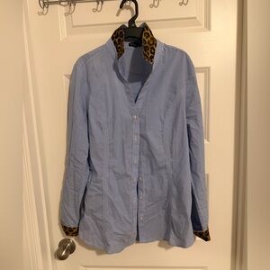 Express Blue Striped Button Down Shirt with Leopard Accents